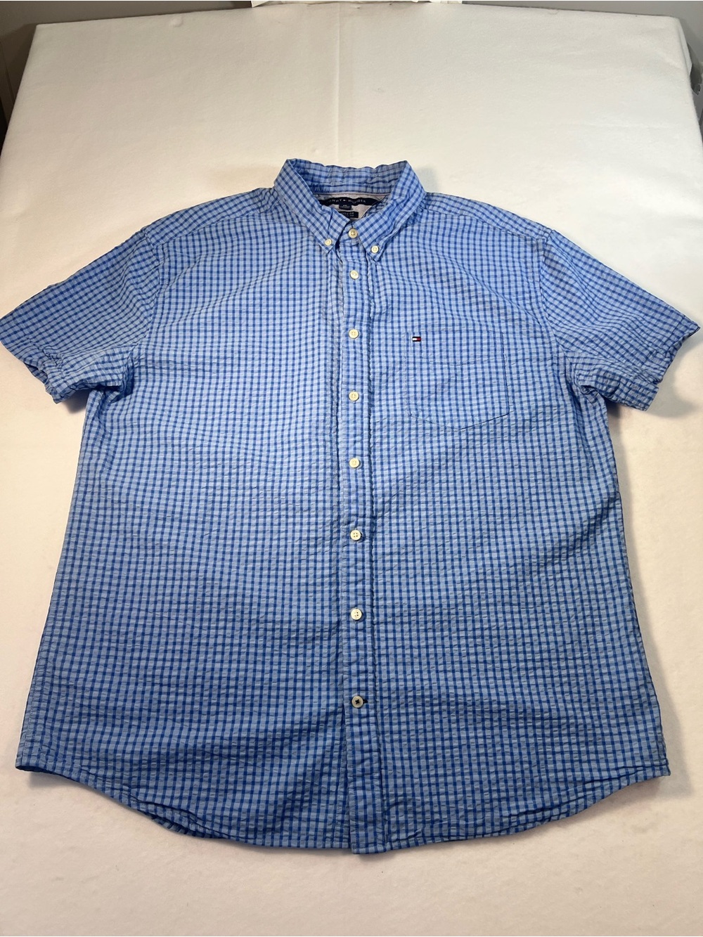 Tommy Hilfiger Mens Shirt XXL Blue Gingham Check Cotton Short Sleeve Classic Fit